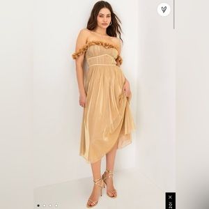 Amazing Essence Gold Metallic Mesh 3D Floral Midi Dress